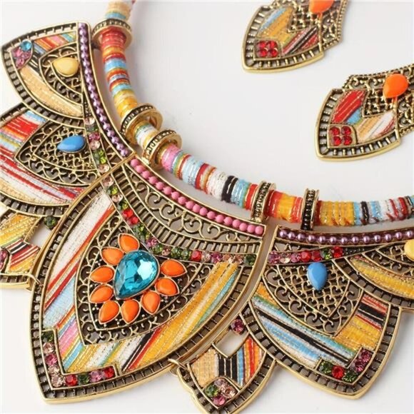 Gold Bohemian Jewelry Sets for Women Boho Tribal Retro Statement Choker Necklace - Picture 6 of 7